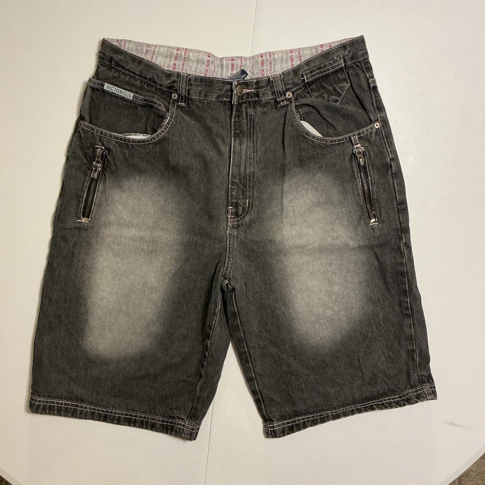 Y2K Victorious Baggy Jorts Long Black Linen Blend Streetwear Grunge Mens‎ 34